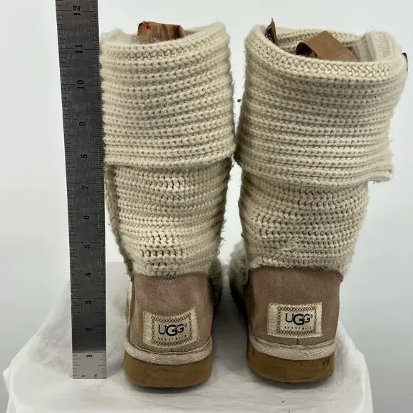Women's UGG Australia Classic Cardy Sz 7 Knit Sweater Cream Woven‎ Button Boots - Picture 4 of 10